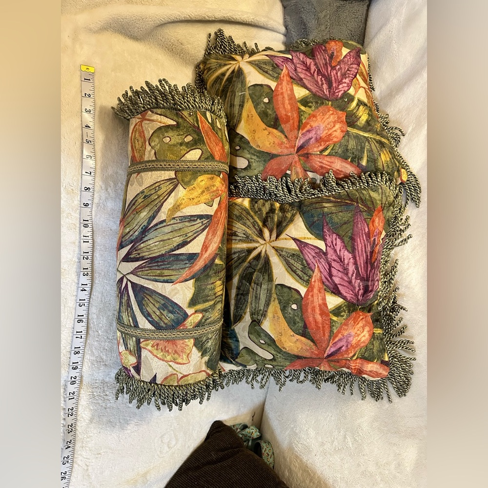 Vintage Tropical Fringe Pillow Set 3 Botanical Floral Bolster Decor Boho - Picture 3 of 4
